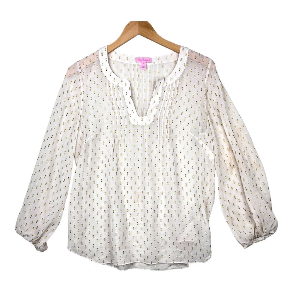 Lilly Pulitzer White Split-Neck Blouse with Gold Dot Print